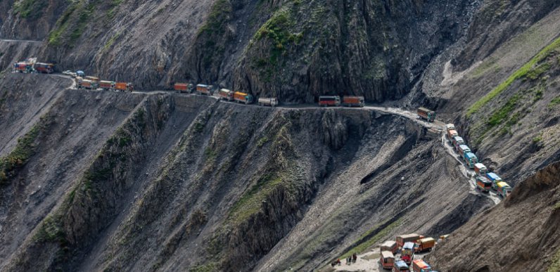 Traffic winding along the Zoji La mountain pass